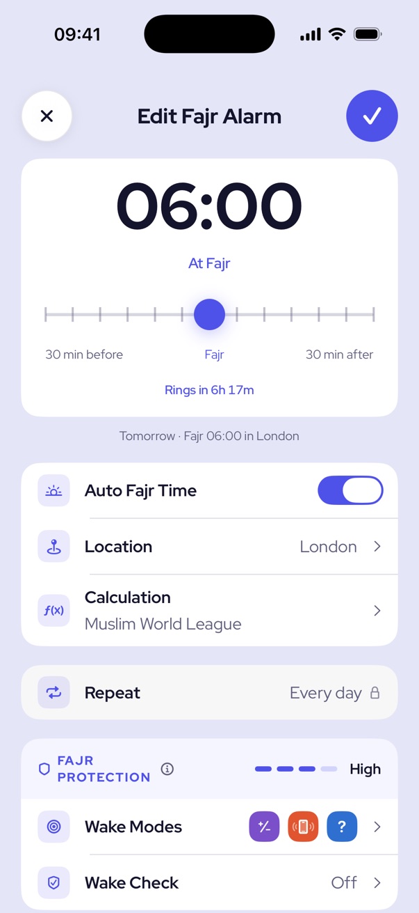 The Fajr alarm editor: 06:00 at Fajr in London, Muslim World League calculation, High Fajr Protection.