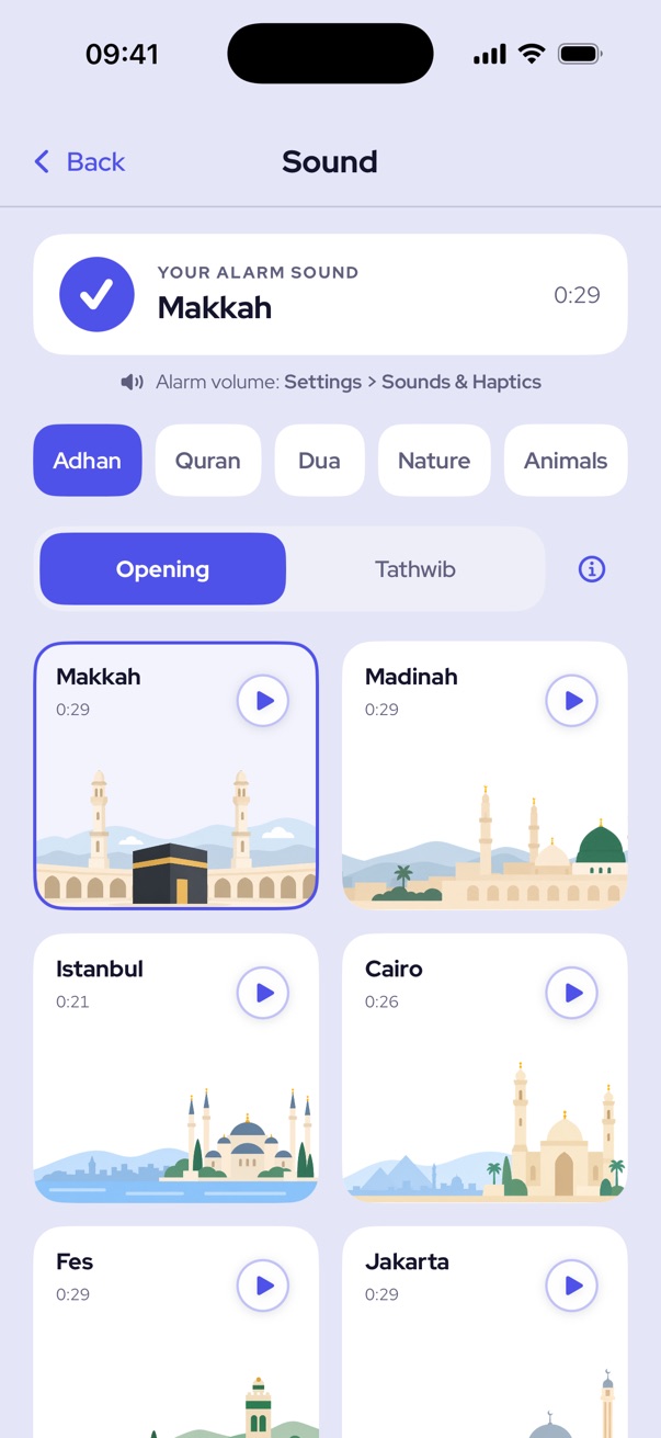 Choosing the alarm sound: adhan in the style of six cities.