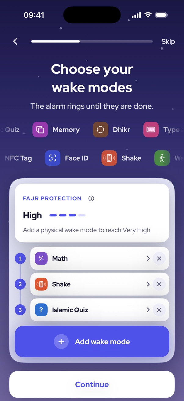 Choosing wake modes in the first run: Math, Shake and Islamic Quiz give High Fajr Protection.